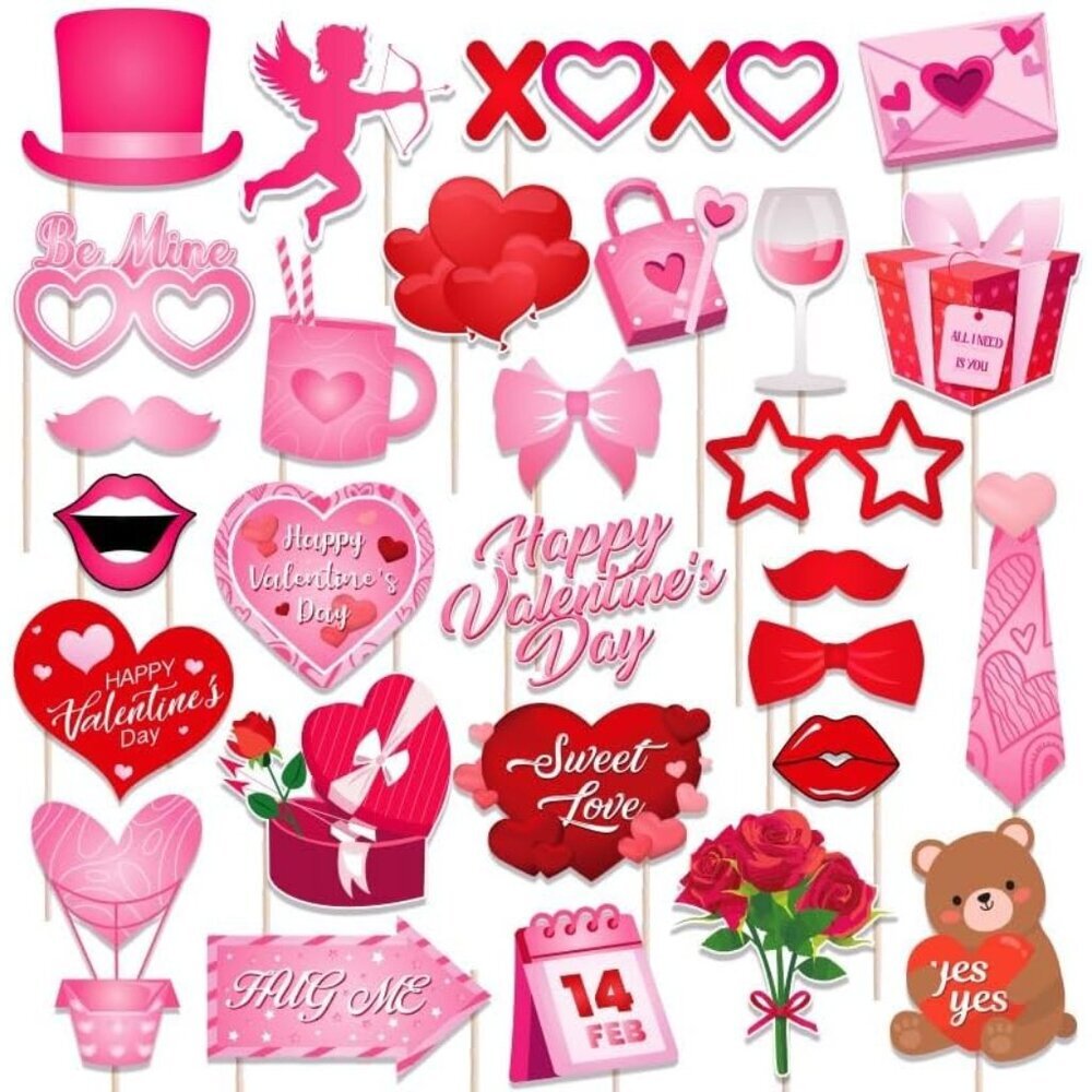 Valentine’s Day Photo Booth Props Decor, 28 PCS Romantic Love Valentines Day Dec